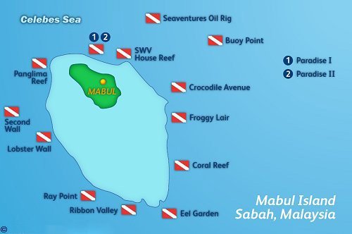 Map of Mabul Island, Sabah, with dive site flags around the reef