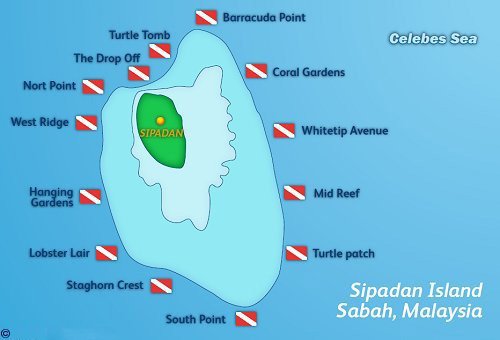 Map of Sipadan Island, Sabah, with dive site flags around the reef